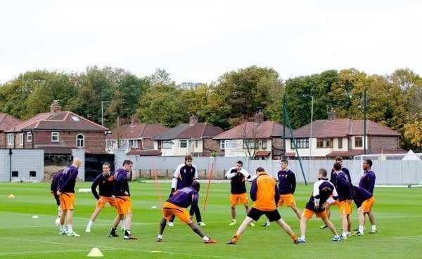 LIVERPOOL, ENGLAND - Wednesday, November 7, 2012: Liverpool's players warm-up during a training session at the club's Melwood Training Ground ahead of the UEFA Europa League Group A match against FC Anji Makhachkala. (Pic by Vegard Grott/Propaganda)