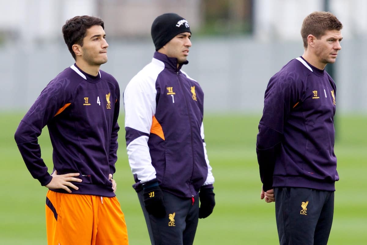 LIVERPOOL, ENGLAND - Wednesday, November 7, 2012: Liverpool's captain Steven Gerrard MBE, Nuri Sahin and Luis Alberto Suarez Diaz during a training session at the club's Melwood Training Ground ahead of the UEFA Europa League Group A match against FC Anji Makhachkala. (Pic by Vegard Grott/Propaganda)