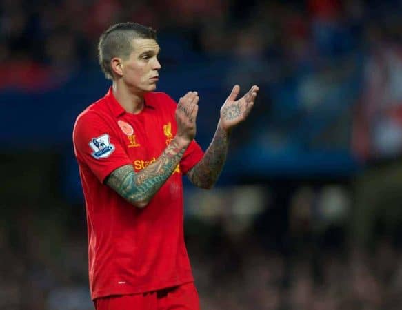 LONDON, ENGLAND - Sunday, November 11, 2012: Liverpool's Daniel Agger in action against Chelsea during the Premiership match at Stamford Bridge. (Pic by David Rawcliffe/Propaganda)