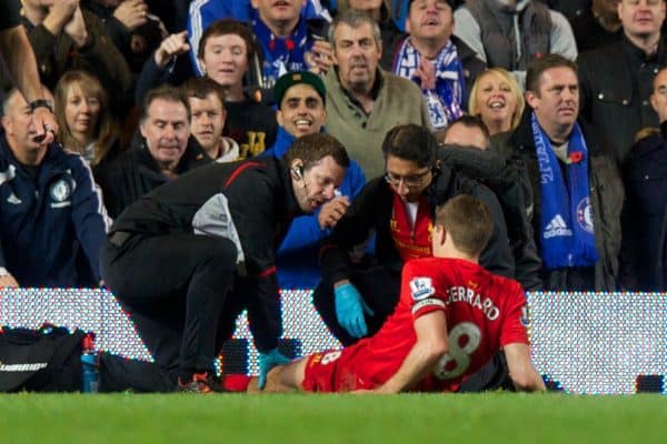 LONDON, ENGLAND - Sunday, November 11, 2012: Liverpool's captain Steven Gerrard lies injured during the Premiership match against Chelsea at Stamford Bridge. (Pic by David Rawcliffe/Propaganda)