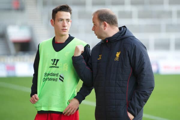 ST HELENS, ENGLAND - Sunday, November 18, 2012: Liverpool's reserve team head coach Rodolfo Borrell and Krisztian Adorjan before the Under 21 FA Premier League match against Chelsea at Langtree Park. (Pic by David Rawcliffe/Propaganda)