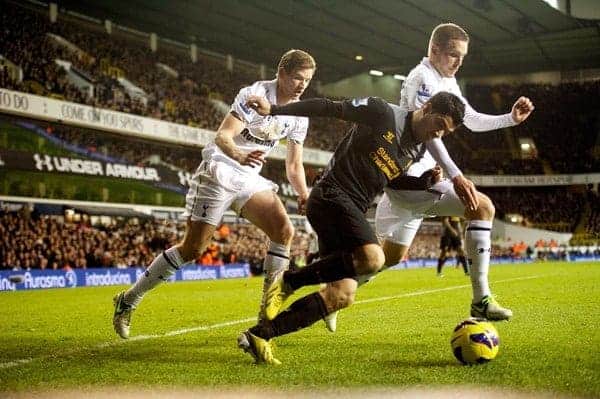 LONDON, ENGLAND - Wednesday, November 28, 2012: Liverpool's Luis Alberto Suarez Diaz in action against Tottenham Hotspur during the Premiership match at White Hart Lane. (Pic by David Rawcliffe/Propaganda)