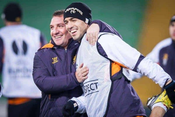 05.12.2012, Stadio Friuli, Udine, ITA, UEFA EL, Udinese Calcio vs FC Liverpool, Gruppe A, Training, FC Liverpool, im Bild Brendan Rodgers (Trainer, Liverpool FC), Luis Suarez (# 07, Liverpool FC) // Brendan Rodgers (Trainer, Liverpool FC), Luis Suarez (# 07, Liverpool FC) during Training of Liverpool FC before the UEFA Europa League group A match between Udinese Calcio and Liverpool .FC at the Stadio Friuli, Udinese, Italy on 2012/12/05. EXPA Pictures © 2012, PhotoCredit: EXPA/ Juergen Feichter