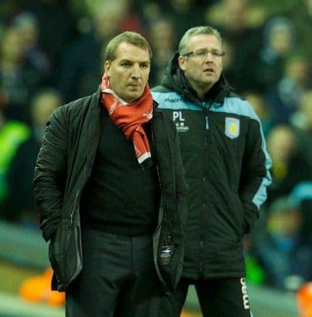 LIVERPOOL, ENGLAND - Saturday, December 15, 2012: Liverpool's manager Brendan Rodgers and Aston Villa's manager Paul Lambert during the Premiership match at Anfield. (Pic by David Rawcliffe/Propaganda)