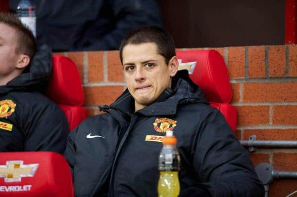 MANCHESTER, ENGLAND - Saturday, December 29, 2012: Manchester United's substitute Javier Hernandez sits on the bench during the Premiership match against West Bromwich Albion at Old Trafford. (Pic by David Rawcliffe/Propaganda)