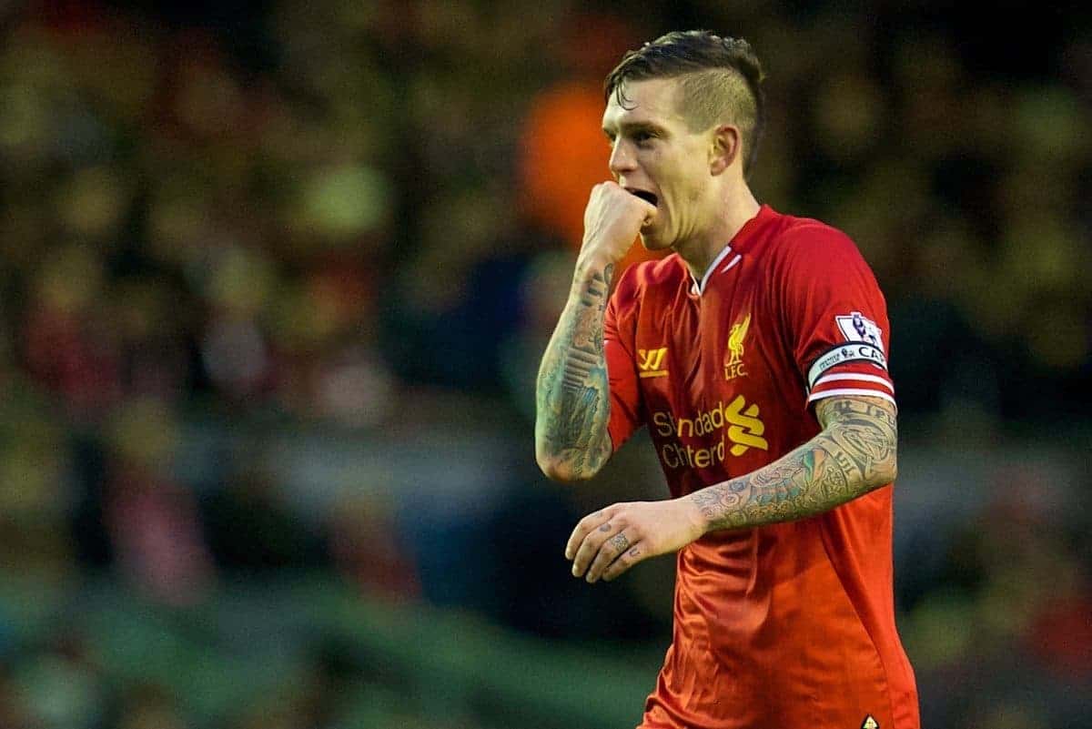 LIVERPOOL, ENGLAND - Wednesday, January 1, 2014: Liverpool's Daniel Agger celebrates scoring the first goal against Hull City during the Premiership match at Anfield. (Pic by David Rawcliffe/Propaganda)