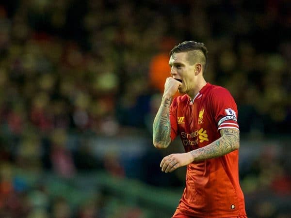 LIVERPOOL, ENGLAND - Wednesday, January 1, 2014: Liverpool's Daniel Agger celebrates scoring the first goal against Hull City during the Premiership match at Anfield. (Pic by David Rawcliffe/Propaganda)