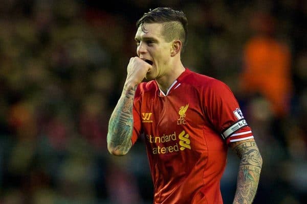 LIVERPOOL, ENGLAND - Wednesday, January 1, 2014: Liverpool's Daniel Agger celebrates scoring the first goal against Hull City during the Premiership match at Anfield. (Pic by David Rawcliffe/Propaganda)