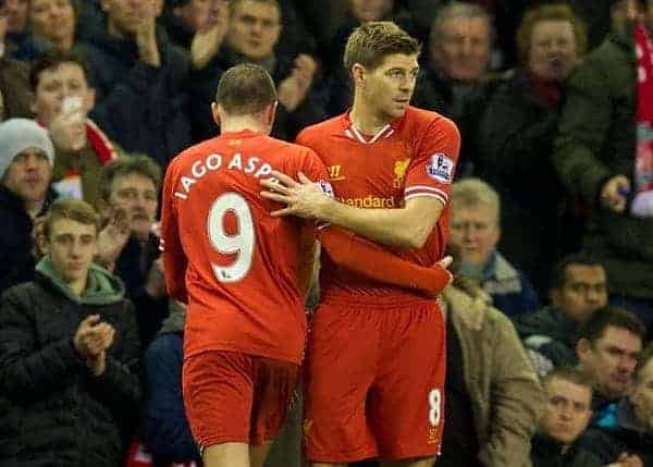 LIVERPOOL, ENGLAND - Wednesday, January 1, 2014: Liverpool's captain Steven Gerrard returns from injury as he replaces Iago Aspas against Hull City during the Premiership match at Anfield. (Pic by David Rawcliffe/Propaganda)