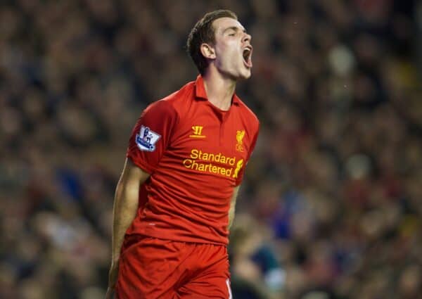 LIVERPOOL, ENGLAND - Wednesday, January 2, 2013: Liverpool's Jordan Henderson rues a missed chance against Sunderland during the Premiership match at Anfield. (Pic by David Rawcliffe/Propaganda)