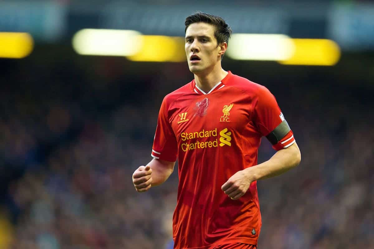 LIVERPOOL, ENGLAND - Sunday, January 5, 2014: Liverpool's Martin Kelly in action against Oldham Athletic during the FA Cup 3rd Round match at Anfield. (Pic by David Rawcliffe/Propaganda)