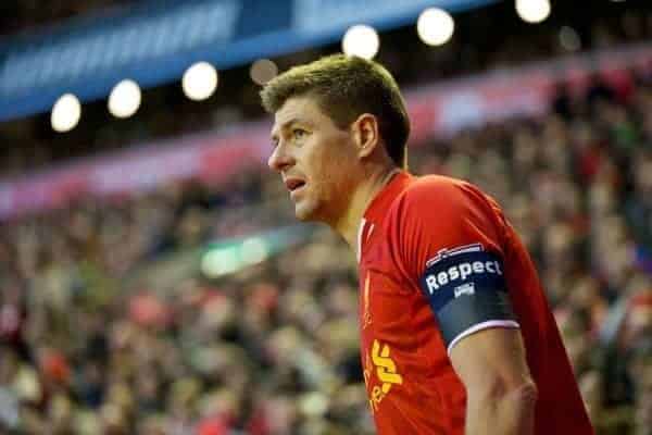 LIVERPOOL, ENGLAND - Sunday, January 5, 2014: Liverpool's captain Steven Gerrard in action against Oldham Athletic during the FA Cup 3rd Round match at Anfield. (Pic by David Rawcliffe/Propaganda)