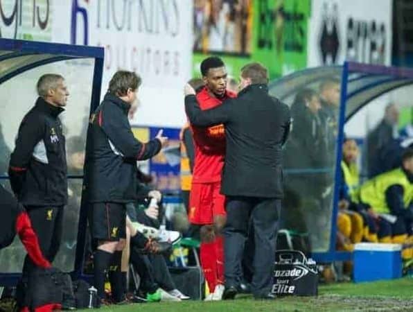 MANSFIELD, ENGLAND - Sunday, January 6, 2013: Liverpool's new signing Daniel Sturridge is congratulated by manager Brendan Rodgers after his goal helped the Reds to a 2-1 victory over Mansfield Town during the FA Cup 3rd Round match at Field Mill. (Pic by David Rawcliffe/Propaganda)