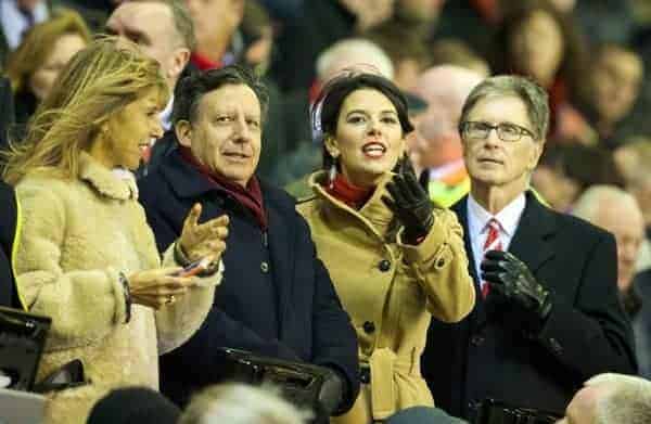 LIVERPOOL, ENGLAND - Saturday, January 18, 2014: Liverpool's owner John W. Henry, wife Linda Pizzuti and co-owner and NESV Chairman Tom Werner before the Premiership match against Aston Villa at Anfield. (Pic by David Rawcliffe/Propaganda)