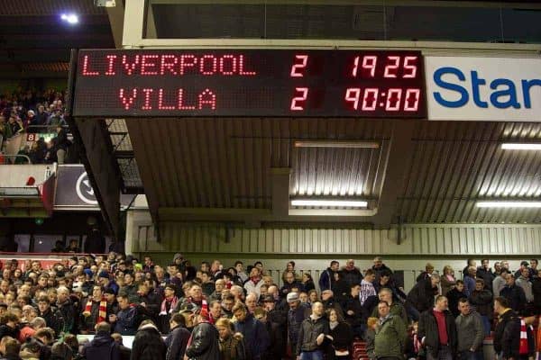 LIVERPOOL, ENGLAND - Saturday, January 18, 2014: Liverpool's scoreboard records the disappointing 2-2 draw with Aston Villa during the Premiership match at Anfield. (Pic by David Rawcliffe/Propaganda)