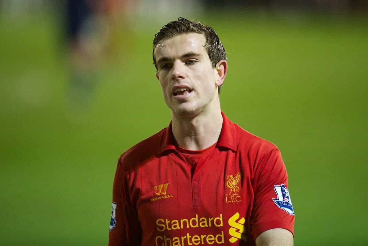 OLDHAM, ENGLAND - Sunday, January 27, 2013: Liverpool's Jordan Henderson in action against Oldham Athletic during the FA Cup 4th Round match at Boundary Park. (Pic by David Rawcliffe/Propaganda)