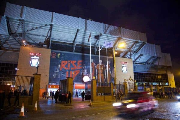 LIVERPOOL, ENGLAND - Tuesday, January 28, 2014: Liverpool's Spion Kop before the 222nd Merseyside Derby Premiership match between Liverpool and Everton at Anfield. (Pic by David Rawcliffe/Propaganda)