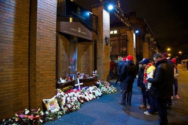 LIVERPOOL, ENGLAND - Tuesday, January 28, 2014: Liverpool supporters pay their respects at the Hillsborough Memorial before the 222nd Merseyside Derby Premiership match between Liverpool and Everton at Anfield. (Pic by David Rawcliffe/Propaganda)