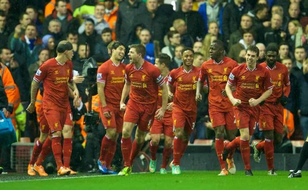 LIVERPOOL, ENGLAND - Tuesday, January 28, 2014: Liverpool's captain Steven Gerrard celebrates scoring the first goal against Everton during the 222nd Merseyside Derby Premiership match at Anfield. (Pic by David Rawcliffe/Propaganda)