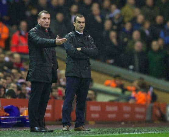 LIVERPOOL, ENGLAND - Tuesday, January 28, 2014: Liverpool's manager Brendan Rodgers and Everton's manager Roberto Martinez during the 222nd Merseyside Derby Premiership match at Anfield. (Pic by David Rawcliffe/Propaganda)