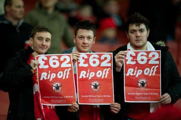 LONDON, ENGLAND - Wednesday, January 30, 2013: Liverpool supporters protest against high ticket prices during the Premiership match against Arsenal at the Emirates Stadium. 'Football Without Fans Is Nothing' (Pic by David Rawcliffe/Propaganda)