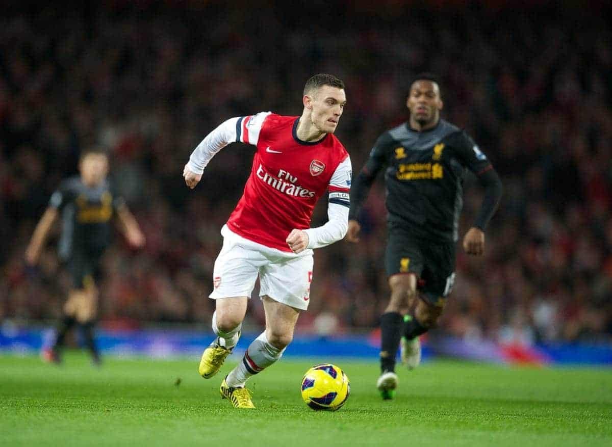 LONDON, ENGLAND - Wednesday, January 30, 2013: Arsenal's captain Thomas Vermaelen in action against Liverpool during the Premiership match at the Emirates Stadium. (Pic by David Rawcliffe/Propaganda)