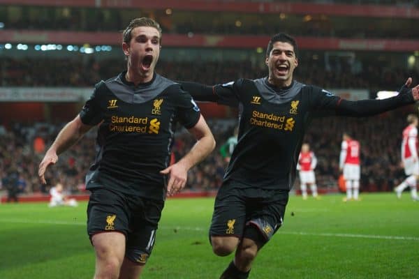 LONDON, ENGLAND - Wednesday, January 30, 2013: Liverpool's Jordan Henderson celebrates scoring the second goal against Arsenal with team-mate Luis Alberto Suarez Diaz during the Premiership match at the Emirates Stadium. (Pic by David Rawcliffe/Propaganda)