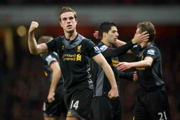 LONDON, ENGLAND - Wednesday, January 30, 2013: Liverpool's Jordan Henderson celebrates scoring the second goal against Arsenal during the Premiership match at the Emirates Stadium. (Pic by David Rawcliffe/Propaganda)