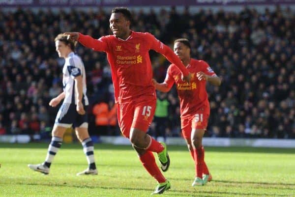 WEST BROMWICH, ENGLAND - Sunday, February 2, 2014: Liverpool's Daniel Sturridge celebrates scoring the opening goal against West Bromwich Albion during the Premiership match at the Hawthorns. (Pic by Chris Brunskill/Propaganda)