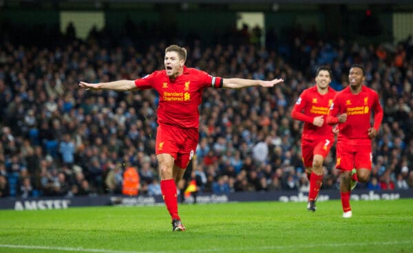 MANCHESTER, ENGLAND - Sunday, February 3, 2013: Liverpool's captain Steven Gerrard celebrates scoring the second goal against Manchester City during the Premiership match at the City of Manchester Stadium. (Pic by David Rawcliffe/Propaganda)