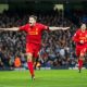 MANCHESTER, ENGLAND - Sunday, February 3, 2013: Liverpool's captain Steven Gerrard celebrates scoring the second goal against Manchester City during the Premiership match at the City of Manchester Stadium. (Pic by David Rawcliffe/Propaganda)