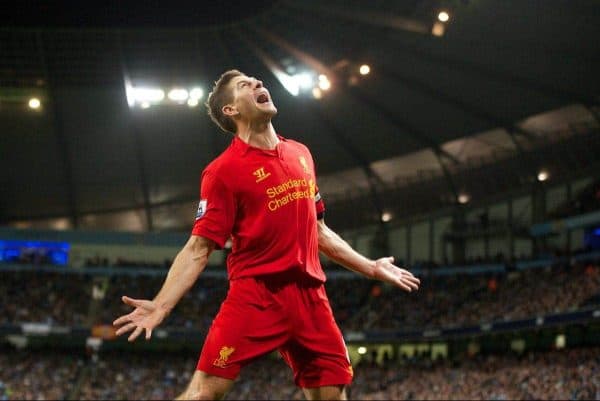 MANCHESTER, ENGLAND - Sunday, February 3, 2013: Liverpool's captain Steven Gerrard celebrates scoring the second goal against Manchester City during the Premiership match at the City of Manchester Stadium. (Pic by David Rawcliffe/Propaganda)