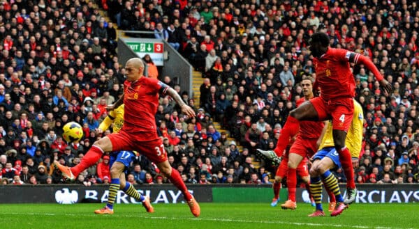 LIVERPOOL, ENGLAND - Saturday, February 8, 2014: Liverpool's Martin Skrtel scores the first goal against Arsenal during the Premiership match at Anfield. (Pic by David Rawcliffe/Propaganda)