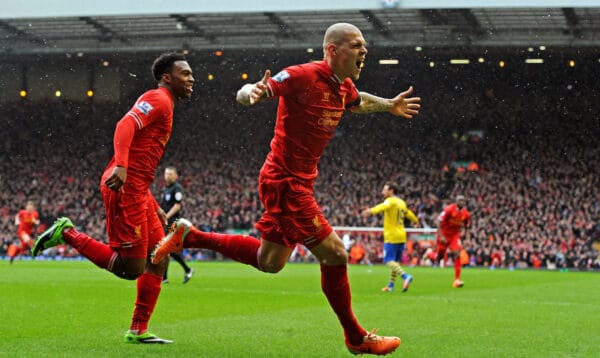 LIVERPOOL, ENGLAND - Saturday, February 8, 2014: Liverpool's Martin Skrtel celebrates scoring the first goal against Arsenal during the Premiership match at Anfield. (Pic by David Rawcliffe/Propaganda)