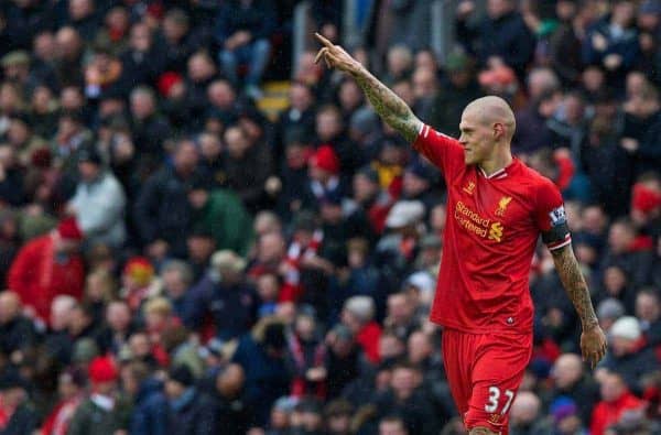 LIVERPOOL, ENGLAND - Saturday, February 8, 2014: Liverpool's Martin Skrtel celebrates scoring the second goal against Arsenal during the Premiership match at Anfield. (Pic by David Rawcliffe/Propaganda)