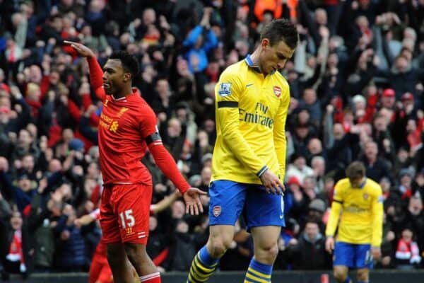 LIVERPOOL, ENGLAND - Saturday, February 8, 2014: Liverpool's Daniel Sturridge celebrates scoring the fourth goal against Arsenal during the Premiership match at Anfield. (Pic by David Rawcliffe/Propaganda)