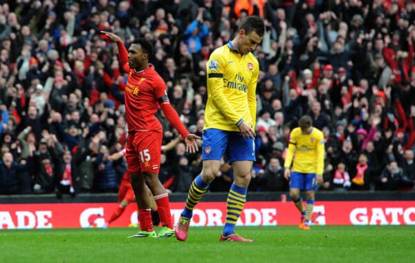 LIVERPOOL, ENGLAND - Saturday, February 8, 2014: Liverpool's Daniel Sturridge celebrates scoring the fourth goal against Arsenal during the Premiership match at Anfield. (Pic by David Rawcliffe/Propaganda)