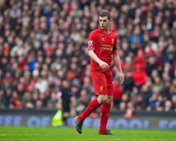 LIVERPOOL, ENGLAND - Saturday, February 8, 2014: Liverpool's Jon Flanagan in action against Arsenal during the Premiership match at Anfield. (Pic by David Rawcliffe/Propaganda)