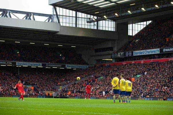 LIVERPOOL, ENGLAND - Saturday, February 8, 2014: Liverpool's Luis Suarez takes a free-kick against Arsenal during the Premiership match at Anfield. (Pic by David Rawcliffe/Propaganda)