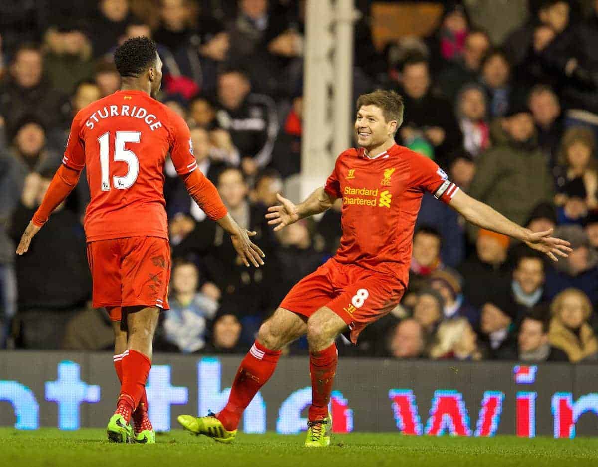LONDON, ENGLAND - Wednesday, February 12, 2014: Liverpool's Daniel Sturridge celebrates scoring the first goal against Fulham with team-mate captain Steven Gerrard during the Premiership match at Craven Cottage. (Pic by David Rawcliffe/Propaganda)