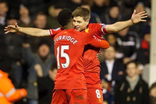 LONDON, ENGLAND - Wednesday, February 12, 2014: Liverpool's Daniel Sturridge celebrates scoring the first goal against Fulham with team-mate captain Steven Gerrard during the Premiership match at Craven Cottage. (Pic by David Rawcliffe/Propaganda)