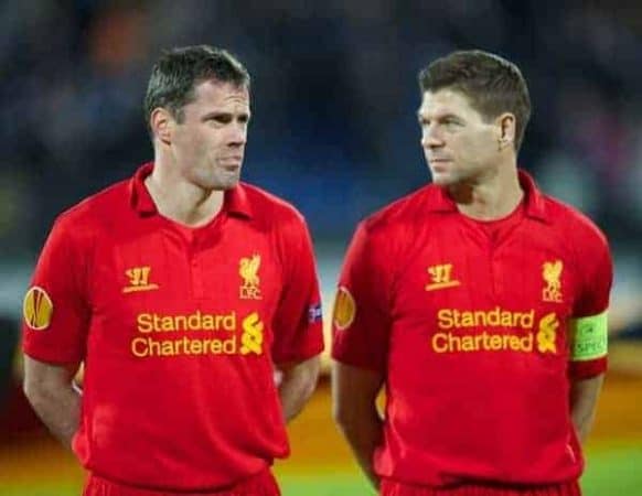 SAINT PETERSBURG, RUSSIA - Thursday, February 14, 2013: Liverpool's Jamie Carragher and captain Steven Gerrard before the UEFA Europa League Round of 32 1st Leg match against FC Zenit St Petersburg at the Stadio Petrovski. (Pic by David Rawcliffe/Propaganda)