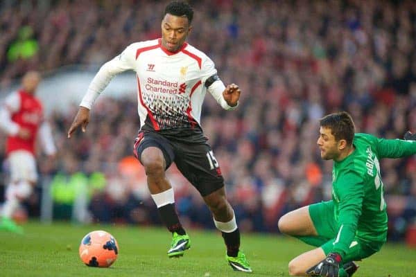 LONDON, ENGLAND - Sunday, February 16, 2014: Liverpool's Daniel Sturridge in action against Arsenal during the FA Cup 5th Round match at the Emirates Stadium. (Pic by David Rawcliffe/Propaganda)