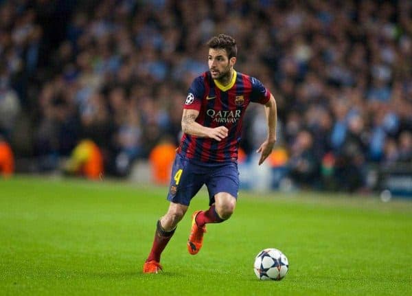 MANCHESTER, ENGLAND - Tuesday, February 18, 2014: FC Barcelona's Cesc Fabregas in action against Manchester City during the UEFA Champions League Round of 16 match at the City of Manchester Stadium. (Pic by David Rawcliffe/Propaganda)