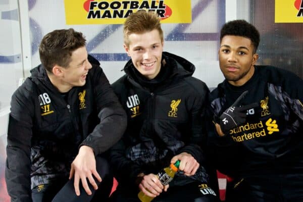 WATFORD, ENGLAND - Wednesday, February 19, 2014: Liverpool's substitutes Sam Hart, Daniel Cleary, Jerome Sinclair and Pedro Chirvella before the FA Youth Cup 5th Round match against Watford at Vicarage Road. (Pic by David Rawcliffe/Propaganda)