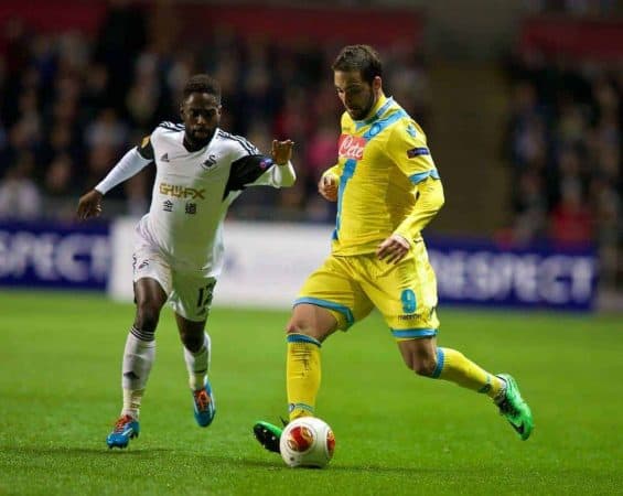 SWANSEA, WALES - Thursday, February 20, 2014: SSC Napoli's Gonzalo Higuain in action against Swansea City during the UEFA Europa League Round of 32 1st Leg match at the Liberty Stadium. (Pic by David Rawcliffe/Propaganda)