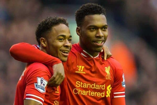 LIVERPOOL, ENGLAND - Sunday, February 23, 2014: Liverpool's Daniel Sturridge celebrates scoring the first goal against Swansea City with team-mate Raheem Sterling during the Premiership match at Anfield. (Pic by David Rawcliffe/Propaganda)