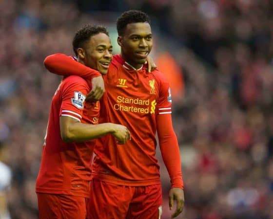 LIVERPOOL, ENGLAND - Sunday, February 23, 2014: Liverpool's Daniel Sturridge celebrates scoring the first goal against Swansea City with team-mate Raheem Sterling during the Premiership match at Anfield. (Pic by David Rawcliffe/Propaganda)