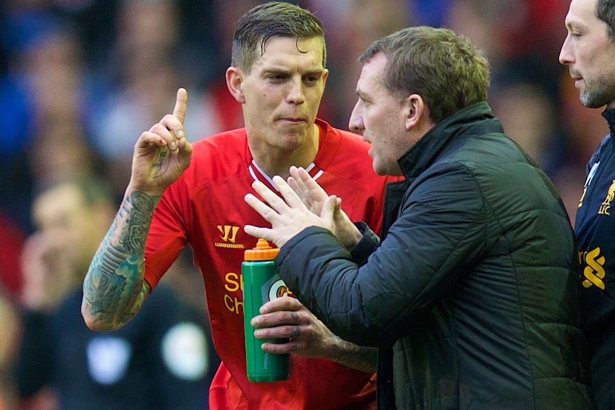 LIVERPOOL, ENGLAND - Sunday, February 23, 2014: Liverpool's Daniel Agger and manager Brendan Rodgers during the Premiership match against Swansea City at Anfield. (Pic by David Rawcliffe/Propaganda)