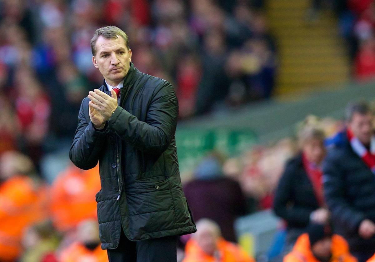 LIVERPOOL, ENGLAND - Sunday, February 23, 2014: Liverpool's manager Brendan Rodgers during the Premiership match against Swansea City at Anfield. (Pic by David Rawcliffe/Propaganda)